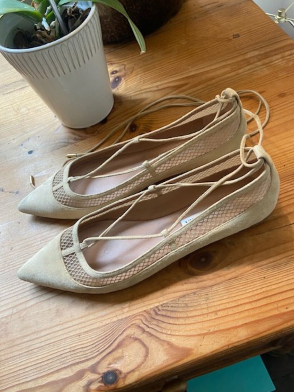 Aquazzura Dalia Pointed Toe Wrap Around Ballet Flats Nude Suede Mesh Sz 39.5